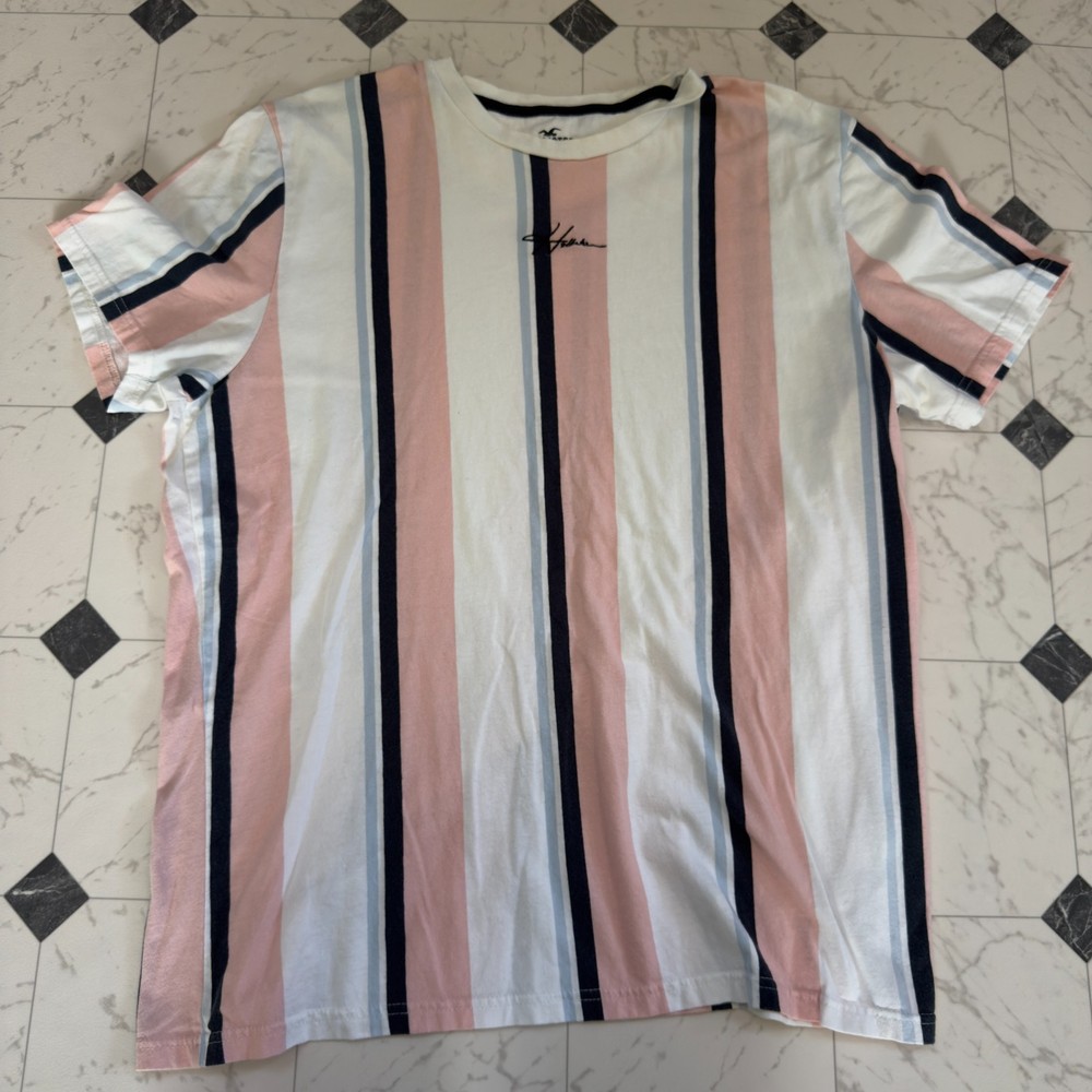 Hollister Must-Have Collection Men’s XL Vertical Stripe T-Shirt Pink White Navy