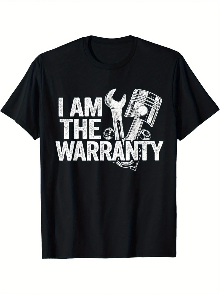 1pc Mechanic Humor Cotton T-Shirt, Geometric-Patterned “I Am The Warranty” Print