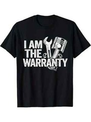 Mechanic Humor cotton T-shirt with geometric pattern “I Am The Warranty” print