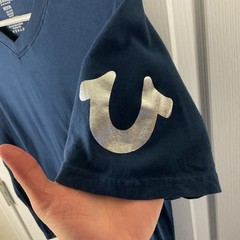 True Religion Metallic Silver Foil Horseshoe Sleeve Graphic V-Neck Tee/T-Shirt M