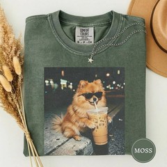 Funny Pomeranian Drinking Iced Coffee Shirt, Animal Meme Tee T-Shirt