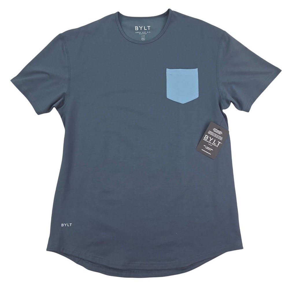 BYLT Drop Cut Lux Pocket Tee Mens XL Blue Short Sleeve Athletic Fit Curved Hem