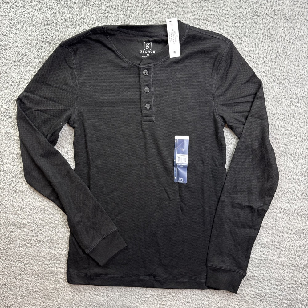 George Shirt Mens XS Black Long Sleeve Thermal Henley Stretch Knit
