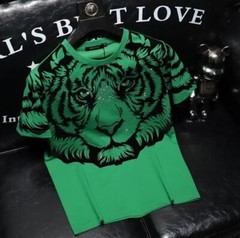 New Men Luxury Tiger Rhinestones Fashion Black Green T-Shirt High Quality