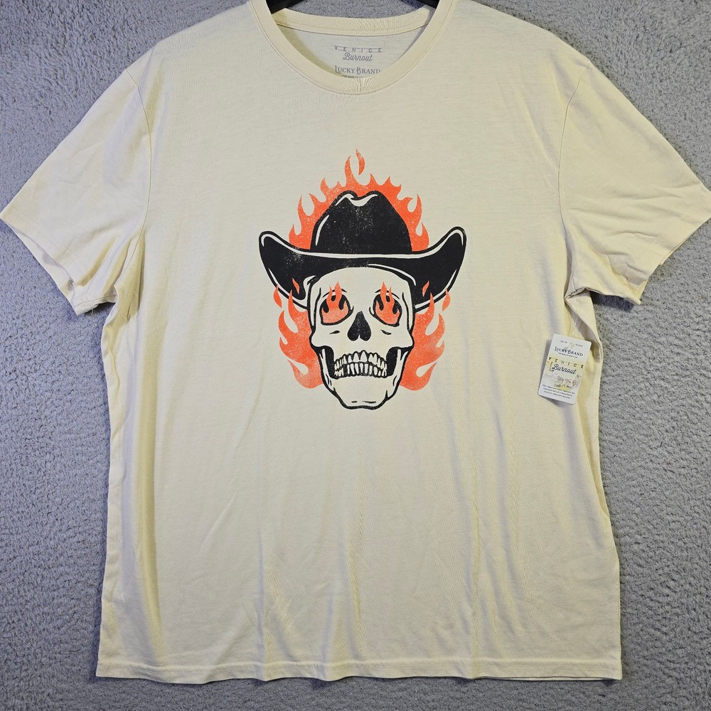 Lucky Brand Flaming Skull Shirt 2XL XXL Beige Casual Cowboy Hat Fire NWT