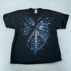 Vtg 2000s Fashion Victim Spiral BIO.M.X. Skeleton Ribcage T-Shirt L Black Horror