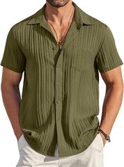 Men Casual Button Down Short Sleeve Textured Summer Beach Shirt with Pocket