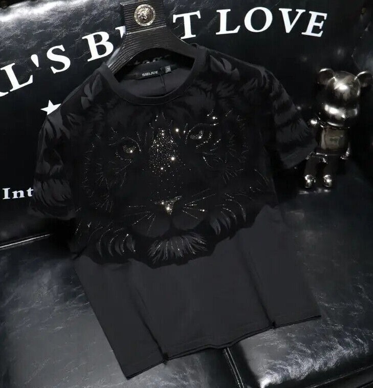New Men Luxury Tiger Rhinestones Fashion Black Green T-Shirt High Quality