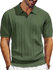 Mens V-Neck Polo Shirt Knit Textured Breathable Summer Casual Top
