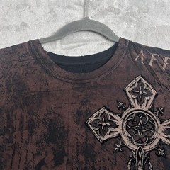 Vintage Affliction T-Shirt Mens XL Brown Felt Wings Cross Los Angeles Grunge Y2K