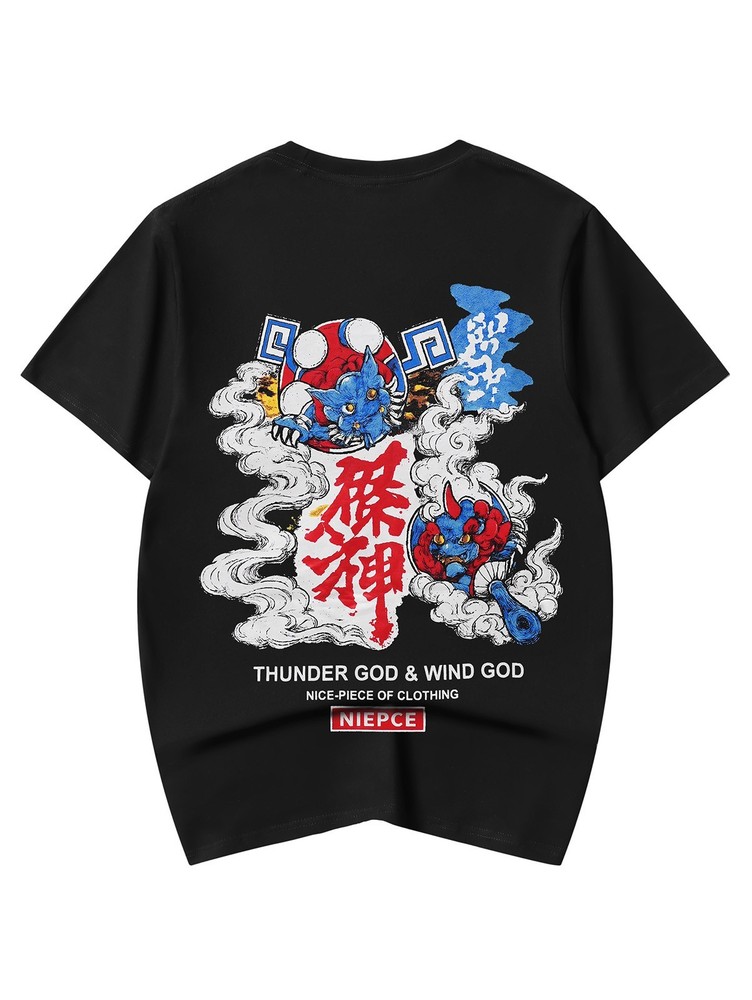 Niepce Japanese Streetwear T-Shirt Thunder and Wind God Graphic Tee for Men