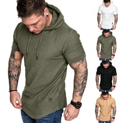 Men’s Hooded Short Sleeve Sporty T-Shirt Slim Gym Muscle Tee Hoodie Tops Blouses