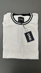 OTD Men’s Knit T-Shirt White Black Striped Sleeves Contrast Trim Crew Neck M