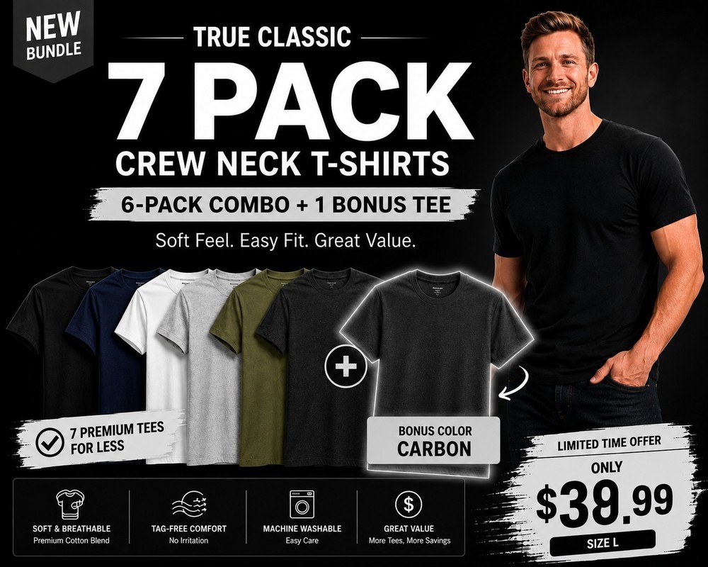 🔥 True Classic 7-Pack Crew Neck T-Shirts | Size L | + Bonus Carbon Tee