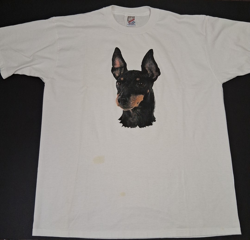Vintage90’s Mini Doberman Pinscher T-Shirt Sz L Dog Jerzees White 1995 50/50 USA