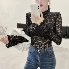 Women Long Sleeves Blouse Turtleneck T-shirt Stretch Lace Bottoming Tops