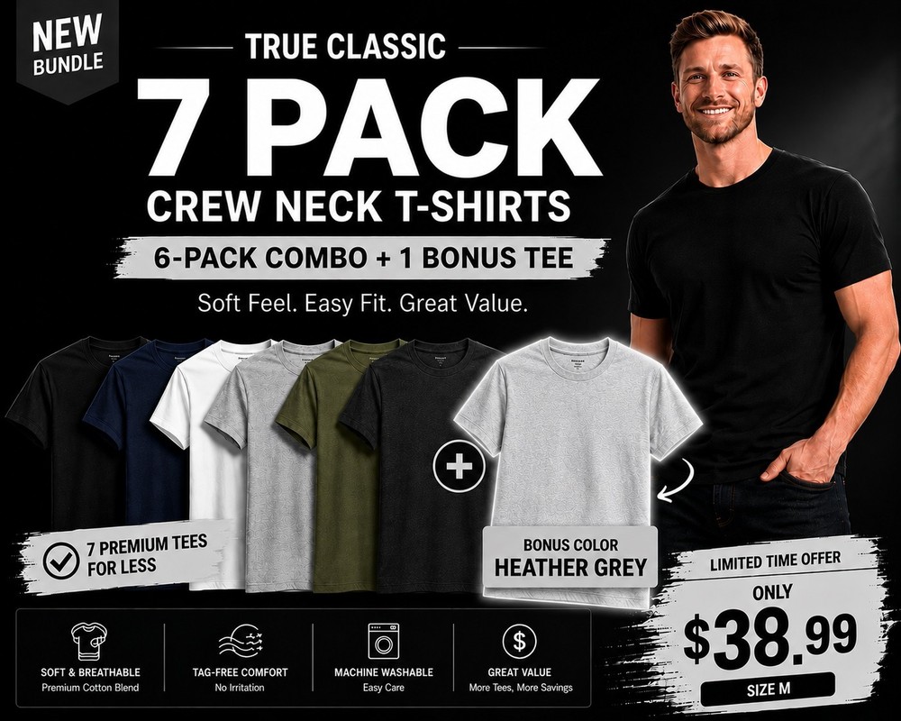 🔥 True Classic 7-Pack Crew Neck T-Shirts | Size M | + Bonus H.Grey Tee