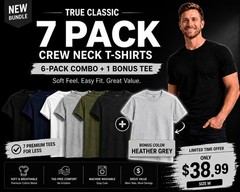 🔥 True Classic 7-Pack Crew Neck T-Shirts | Size M | + Bonus H.Grey Tee