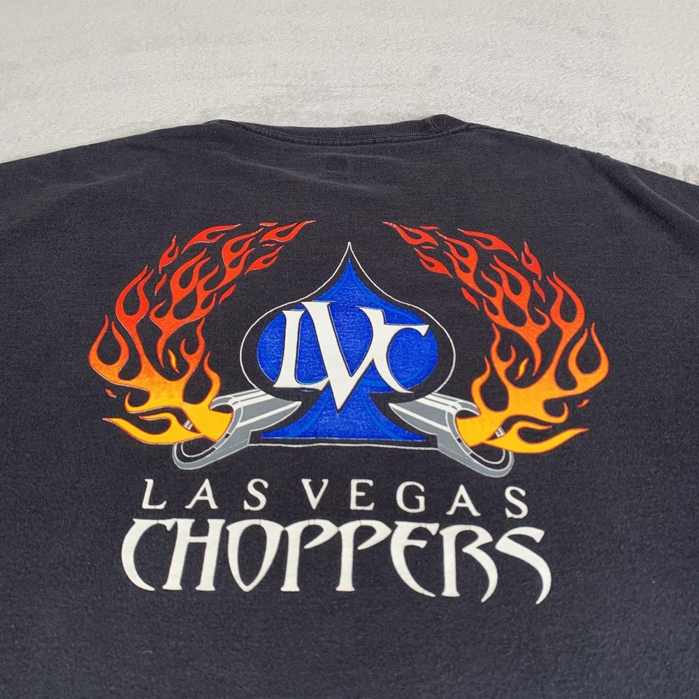 Las Vegas Choppers Shirt Mens XL Black Hanes Flames Motorcycle Biker Tee FLAWS
