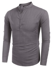 Men’s Cotton Hemp Long Sleeve Casual Beach Henley Shirt(GREY,L)