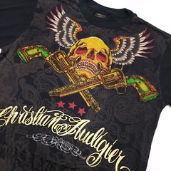 Christian Audigier T Shirt Skull Guns Revolver Rhinestone Los Angeles Angels