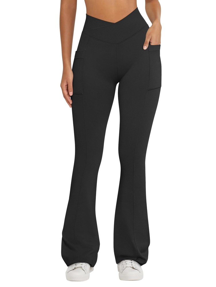 Women Pants Soft Active High Waist Crossover Flared Trousers with Pockets Black