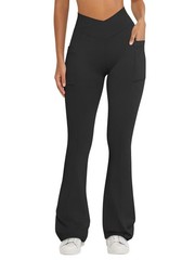 Women Pants Soft Active High Waist Crossover Flared Trousers with Pockets Black