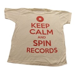 Keep Calm and Spin Records Vinyl Graphic T-Shirt Cream Red Men’s L Short sleeve
