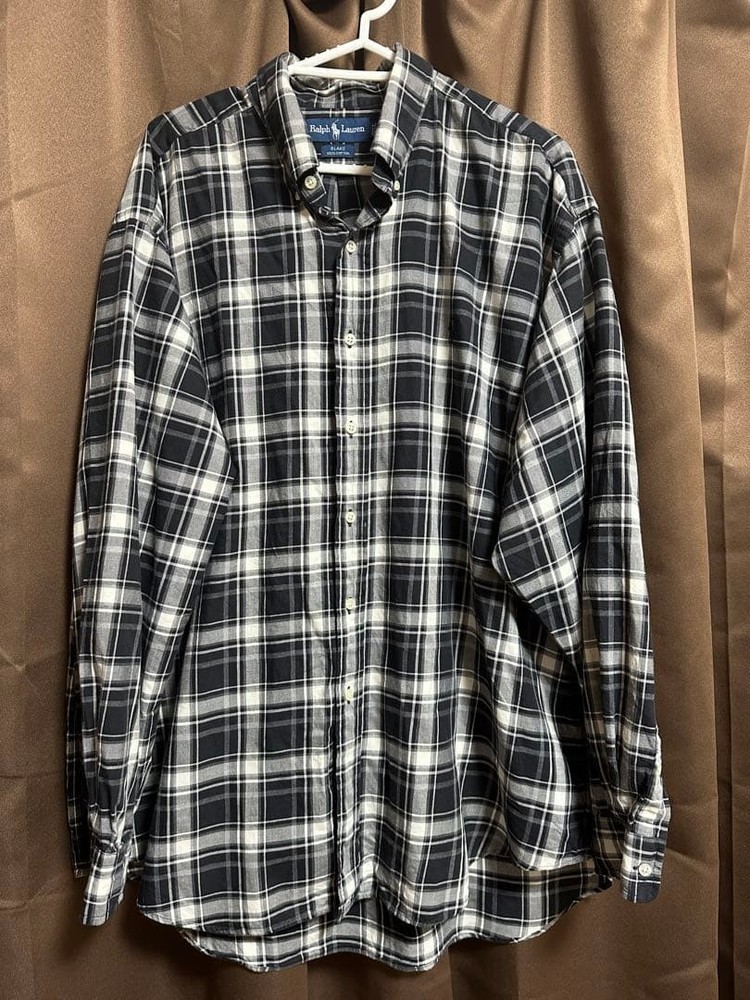 Ralph Lauren Blake Plaid Shirt XL 100% Cotton Black Made in Hong Kong For 14Y+