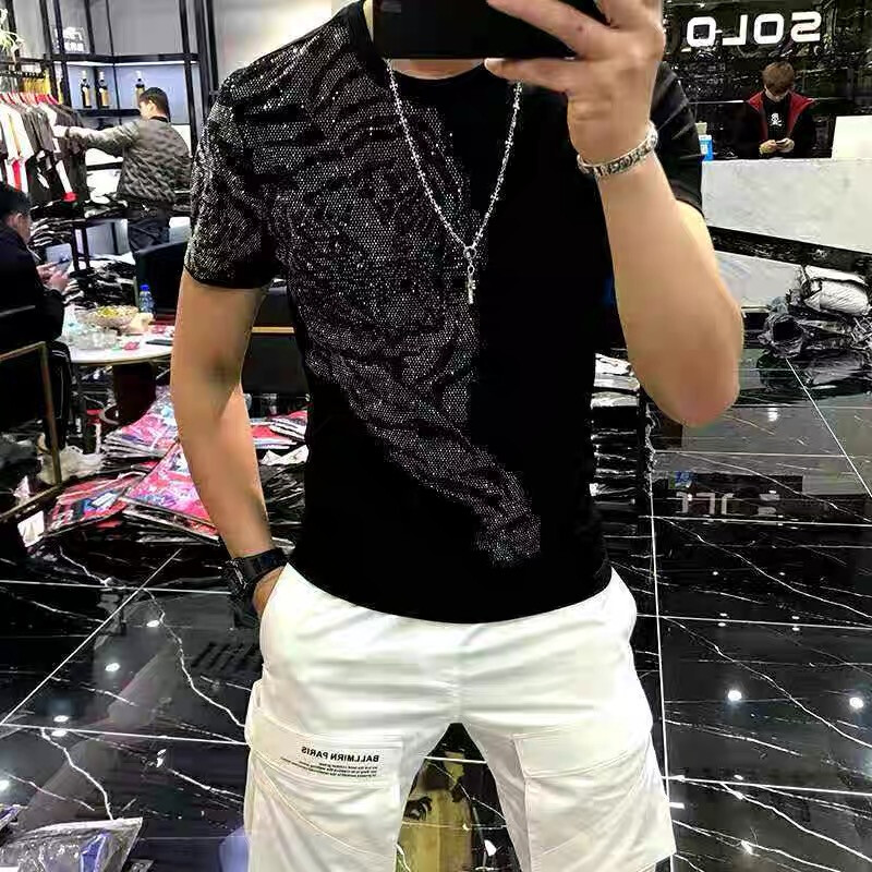 Hot Drilling Fashion 3D Tiger Rhinestones Summer Streetwear Luxury Men T-Shirt