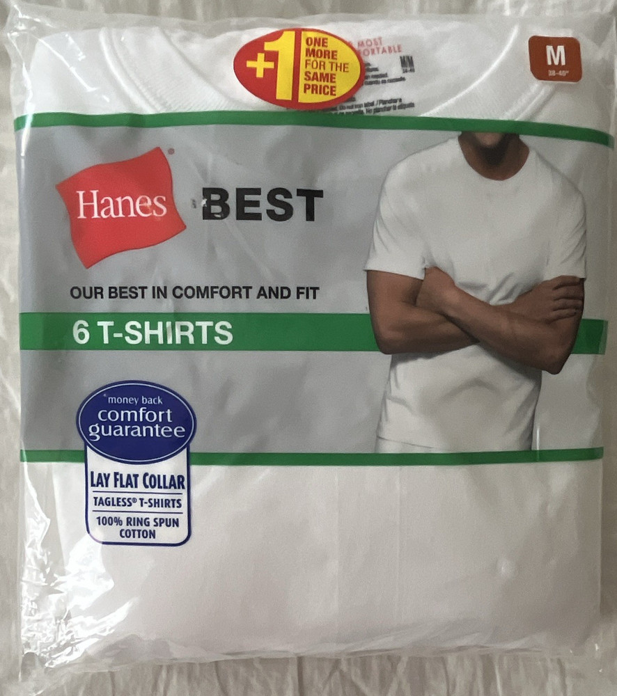 Hanes Best Men’s White Tagless Cotton T-Shirts New 6-Pack Medium Lay Flat Collar