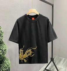 Men’s White Embroidery 100% Cotton O-Neck T-Shirt Korean Style Tee