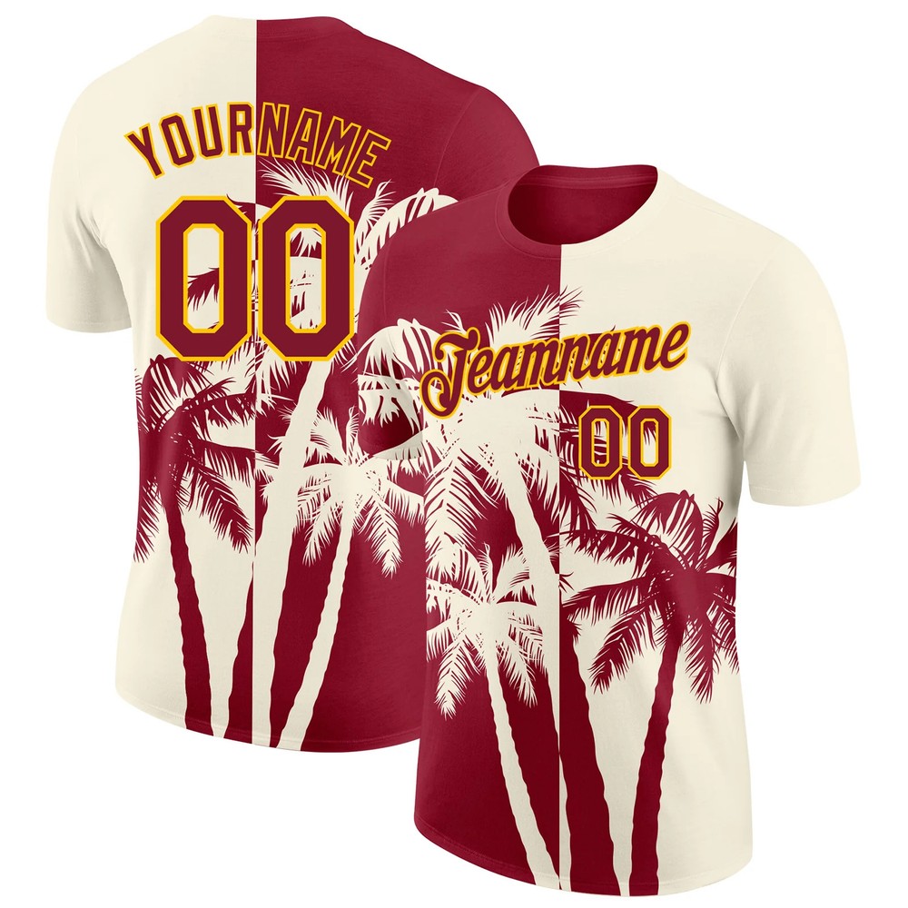 Custom Cream Crimson Yellow Hawaii Palm Tree T-Shirt Tropical Summer Beach