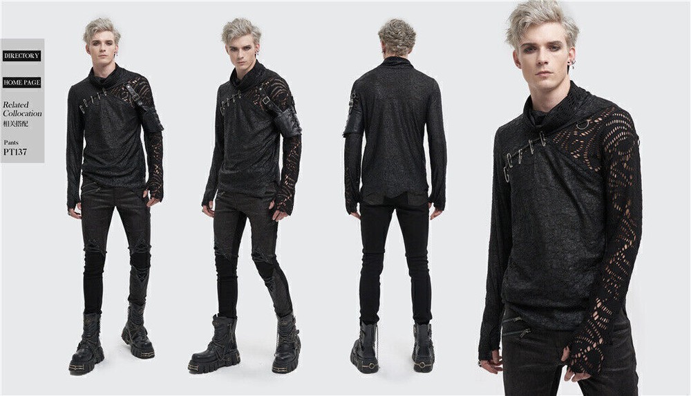 Devil Fashion Men Gothic Punk Pullover Pins Asymmetrical Long Sleeve T-shirt