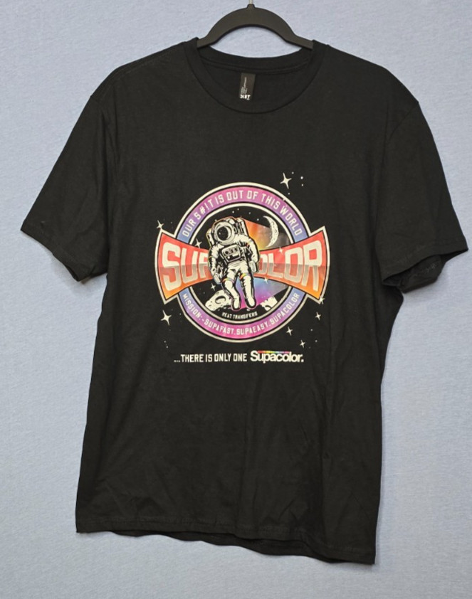 District DT6000 “Supacolor Astronaut” Graphic Tee Black Large Heat-Transfer
