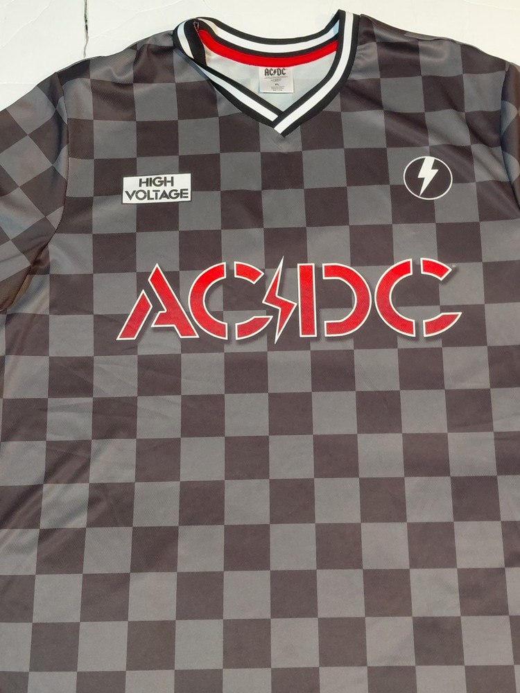 ACDC High Voltage Soccer Style Jersey Checkered V-neck Size XL Charcoal Black