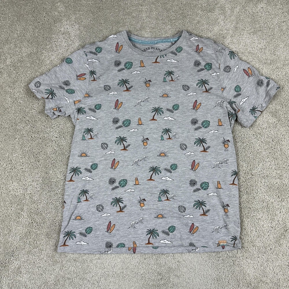 Free Planet Shirt Somen Large Gray Tropical Surf Beach Allover Graphic Tee