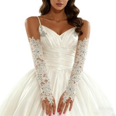 White Lace Rhinestone Fingerless Bridal Glove,Lace Gloves Long,Prom For Weddi…