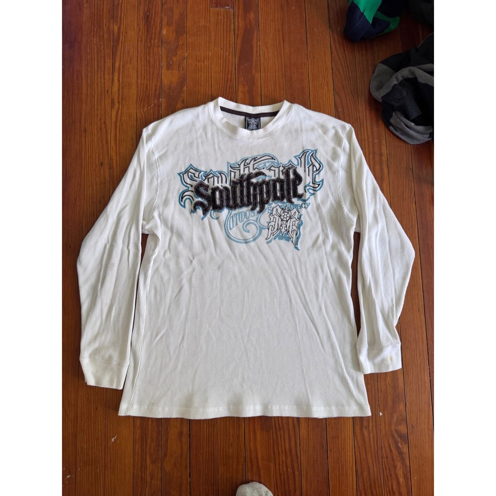 Southpole Mens XL White Long Sleeve Waffle Knit Thermal Graphic Shirt Y2K