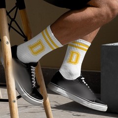 Golden Yellow Initial Stripes Socks with Letter D, Retro Athletic Style Socks…