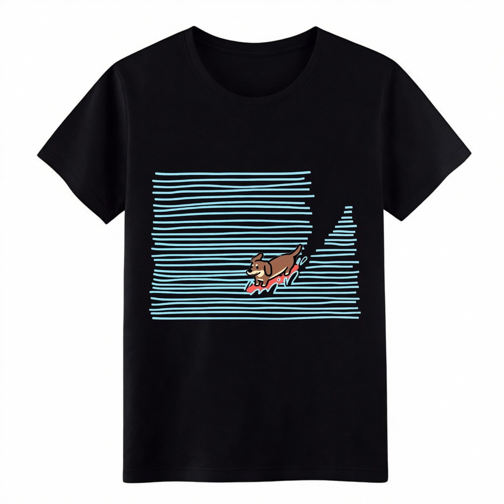 Funny Surfing Dachshund Wiener Dog Sketch Waves Casual Beach Cartoon T-Shirt
