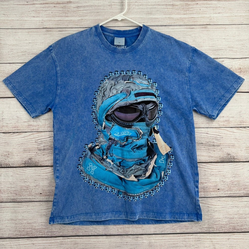 NOISSEY Graphic T-Shirt Mens Size M Blue Mineral Wash Streetwear Balaclava Tee