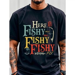 Men’s “Here Fishy Fishy” Graphic T-Shirt – 100% Cotton Breathable Quick-Dry Crew