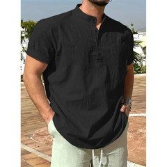 Men’s Cotton Linen Henley Shirt Short Sleeve Casual Summer Tee