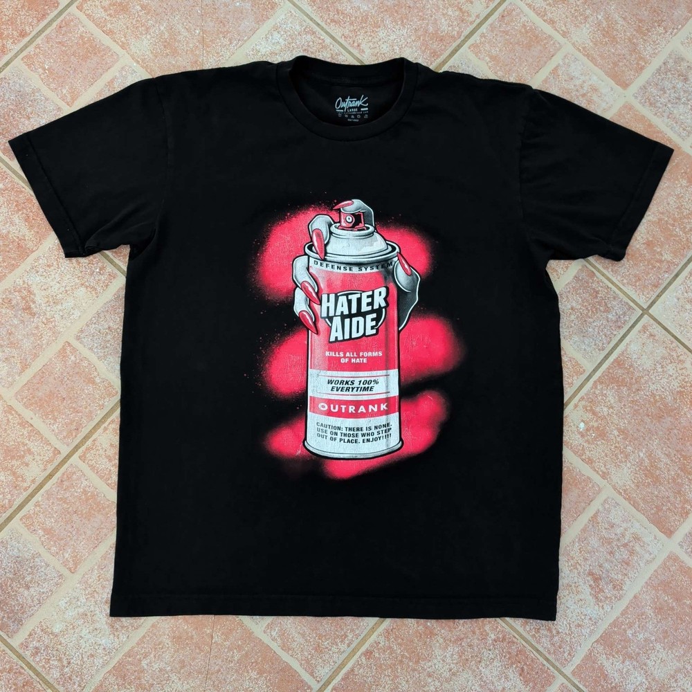 Outrank Hater Aide Graphic Tee Mens Large Black Spray Can Streetwear Shirt
