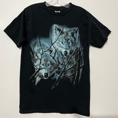 Wolf Print Metallic Foil Blue Eyes T Shirt Mens Medium Black Woods