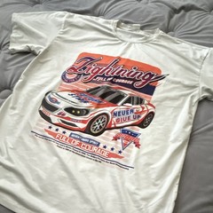 Men’s White Graphic Print Racing Car “Lightning” Short Sleeve Crew Neck T-Shirt