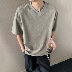 Men’s V Neck Short Sleeve T Shirt Loose Fit Pure Color Texture Casual Top