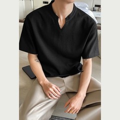Loose Fit Men’s T-Shirt Imitation Linen V Neck Short Sleeve Summer Top