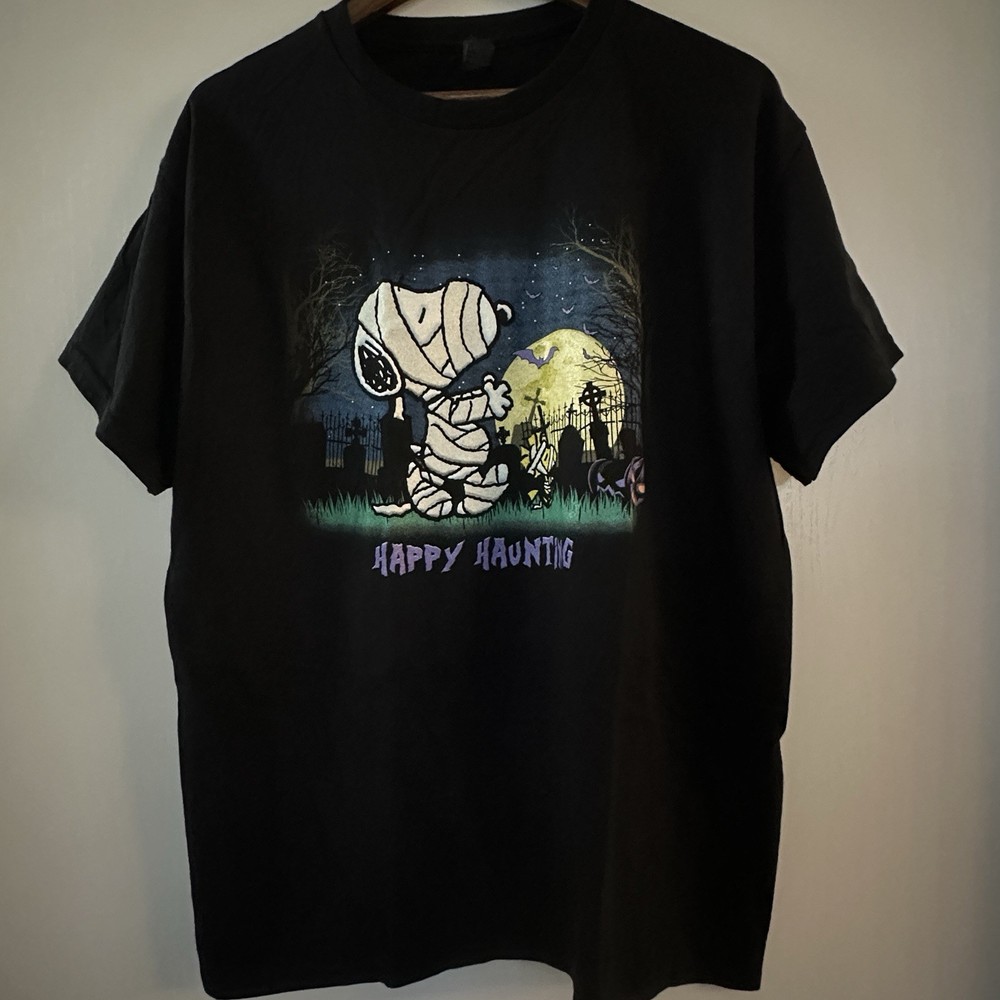 Gildan Peanuts Snoopy Halloween Shirt Large Black Mummy Woodstock Happy Haunting
